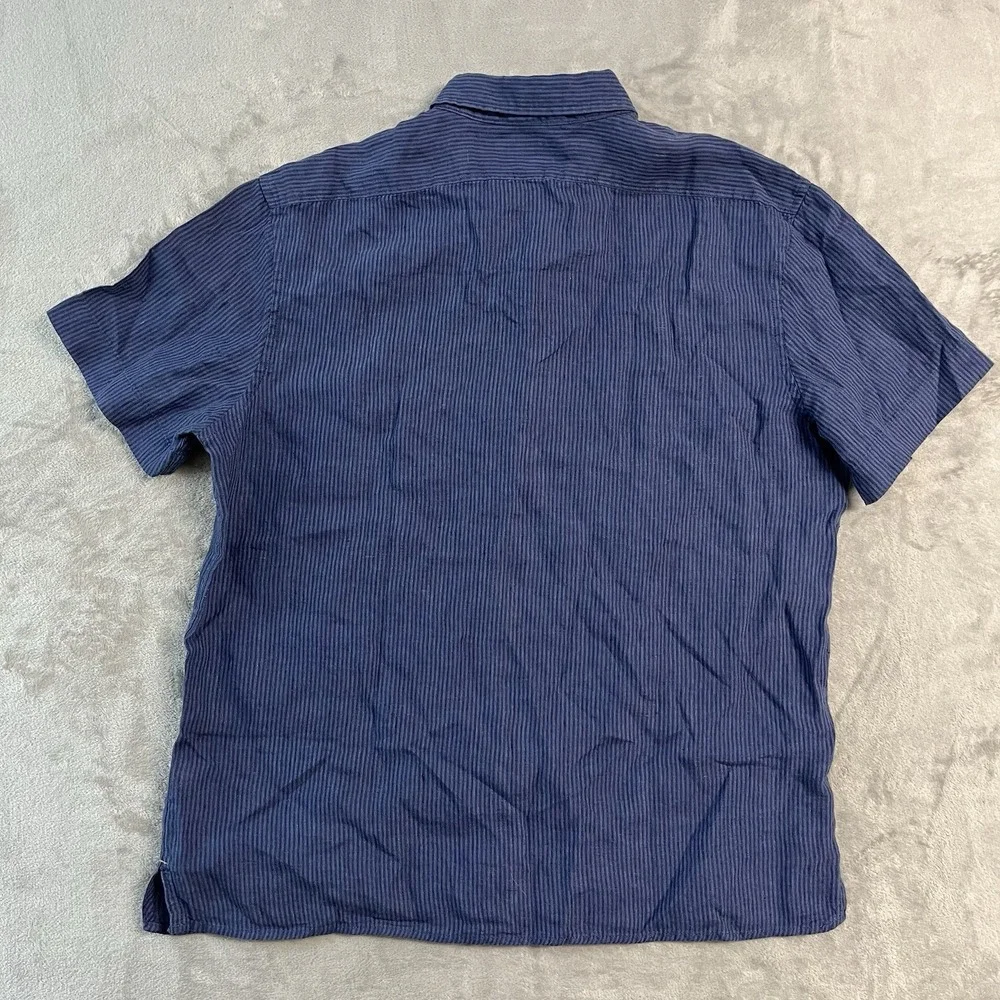 Banana Republic Standard Shirt Mens L Blue Striped 100% Linen Short Sleeve